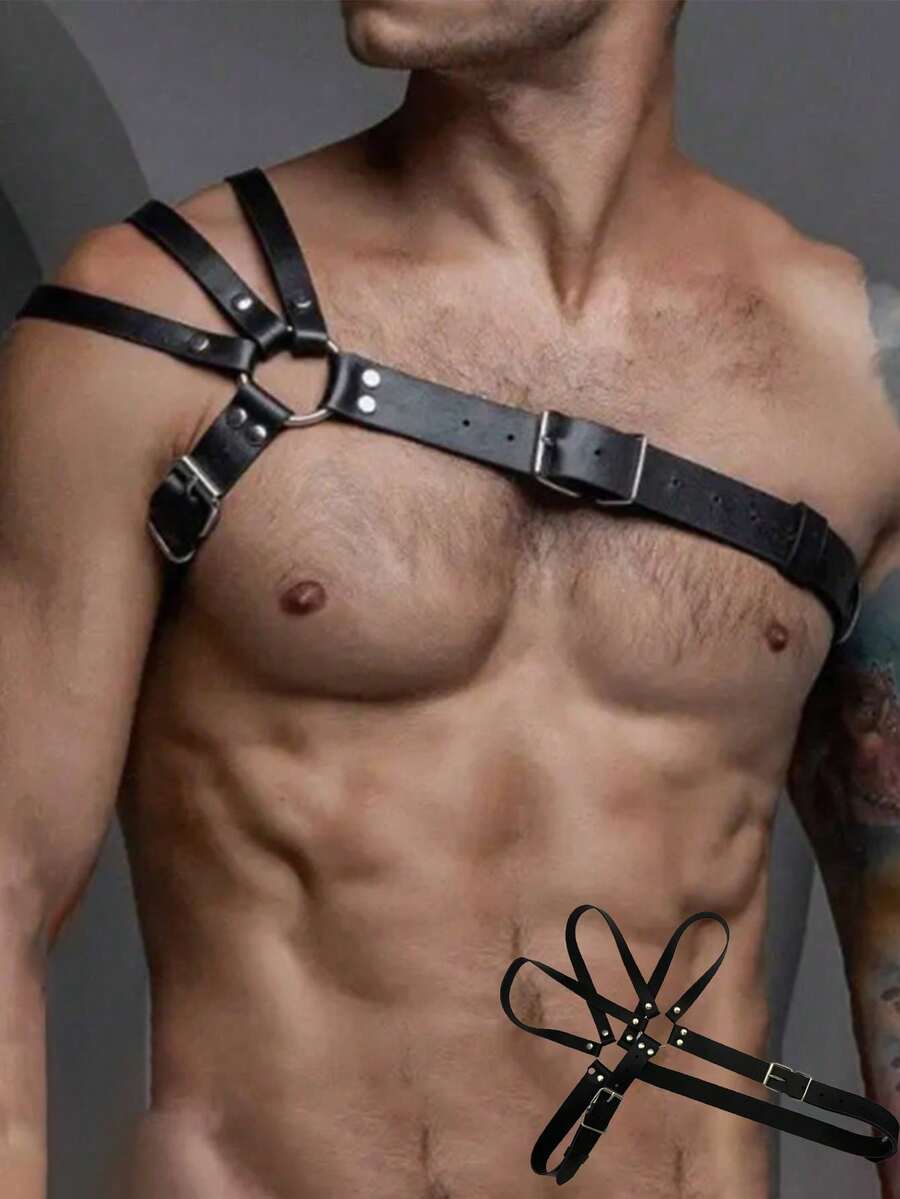 Men's black PU leather chest belt body harness with ring detail in cyberpunk style.