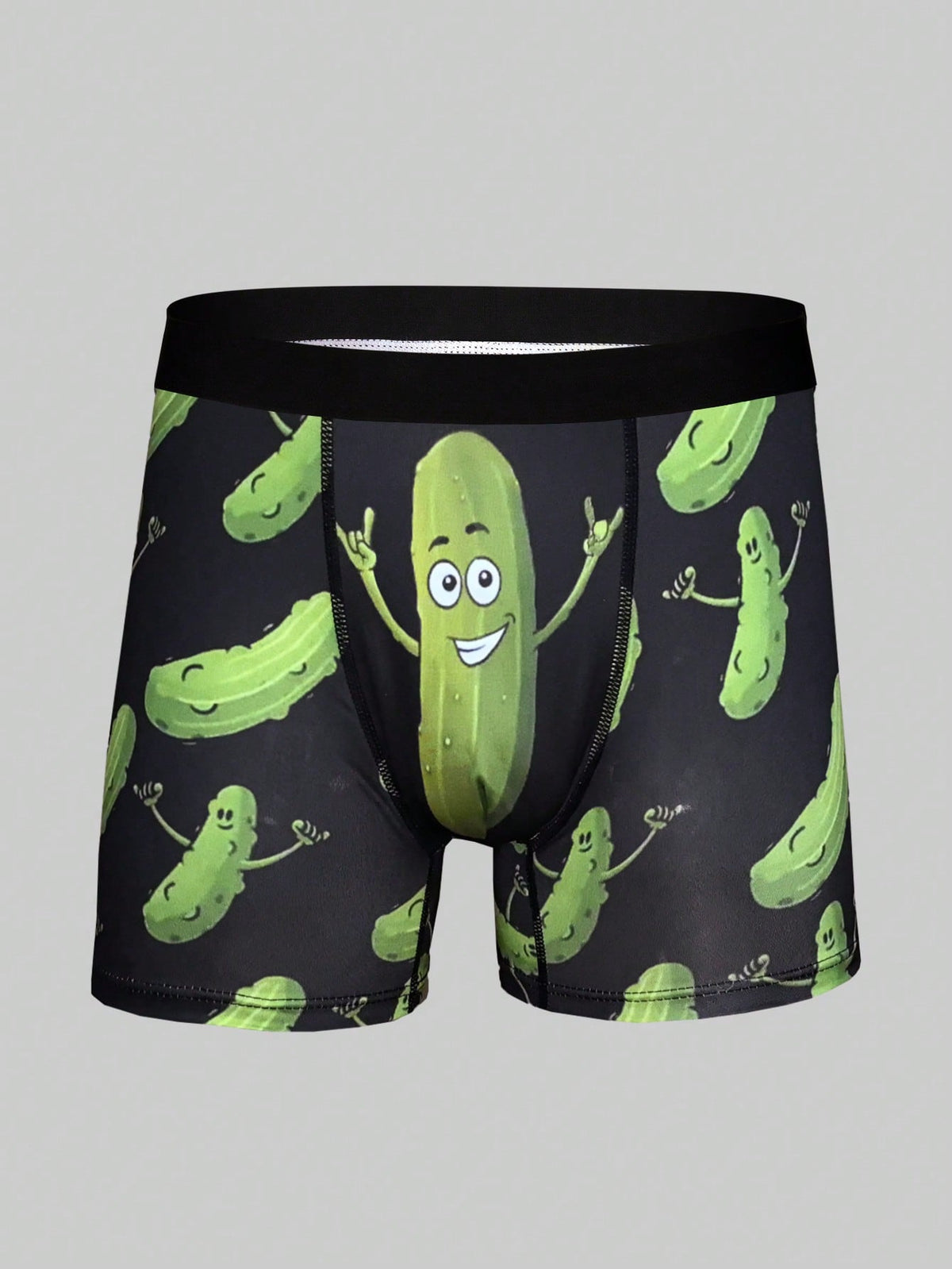 Green men's briefs featuring a novelty cucumber print with an elastic waistband and mid-rise cut.