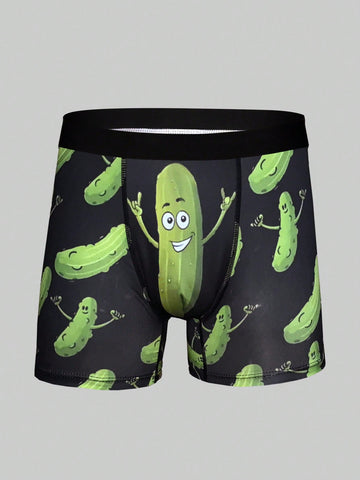 Green men's briefs featuring a novelty cucumber print with an elastic waistband and mid-rise cut.