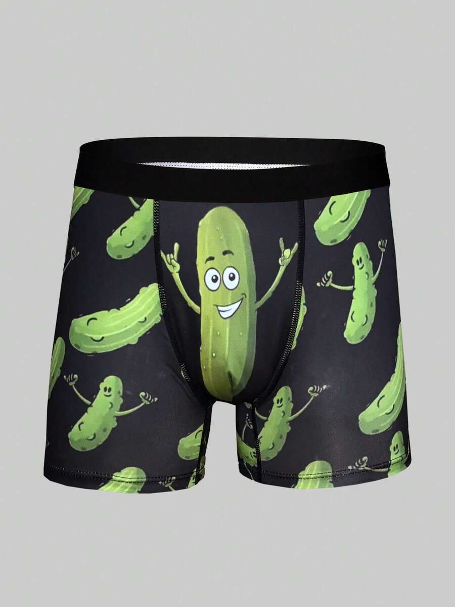 Green men's briefs featuring a novelty cucumber print with an elastic waistband and mid-rise cut.