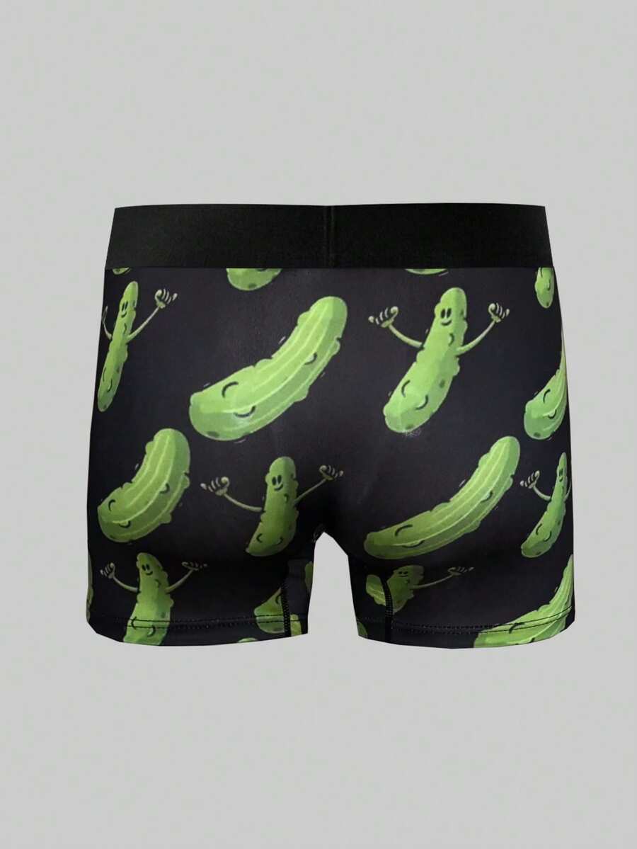 Green men's briefs featuring a novelty cucumber print with an elastic waistband and mid-rise cut.