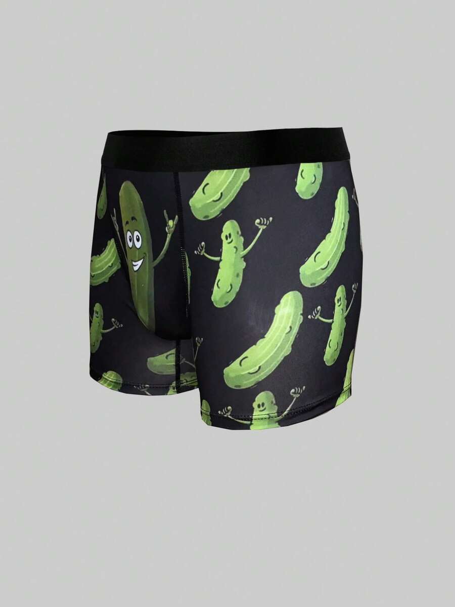 Green men's briefs featuring a novelty cucumber print with an elastic waistband and mid-rise cut.