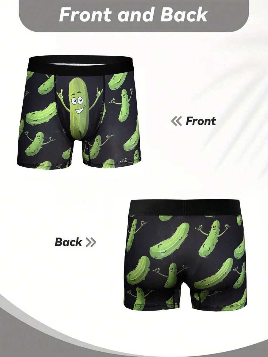 Green men's briefs featuring a novelty cucumber print with an elastic waistband and mid-rise cut.