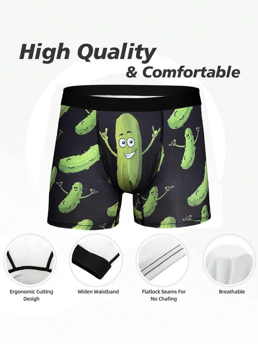 Green men's briefs featuring a novelty cucumber print with an elastic waistband and mid-rise cut.