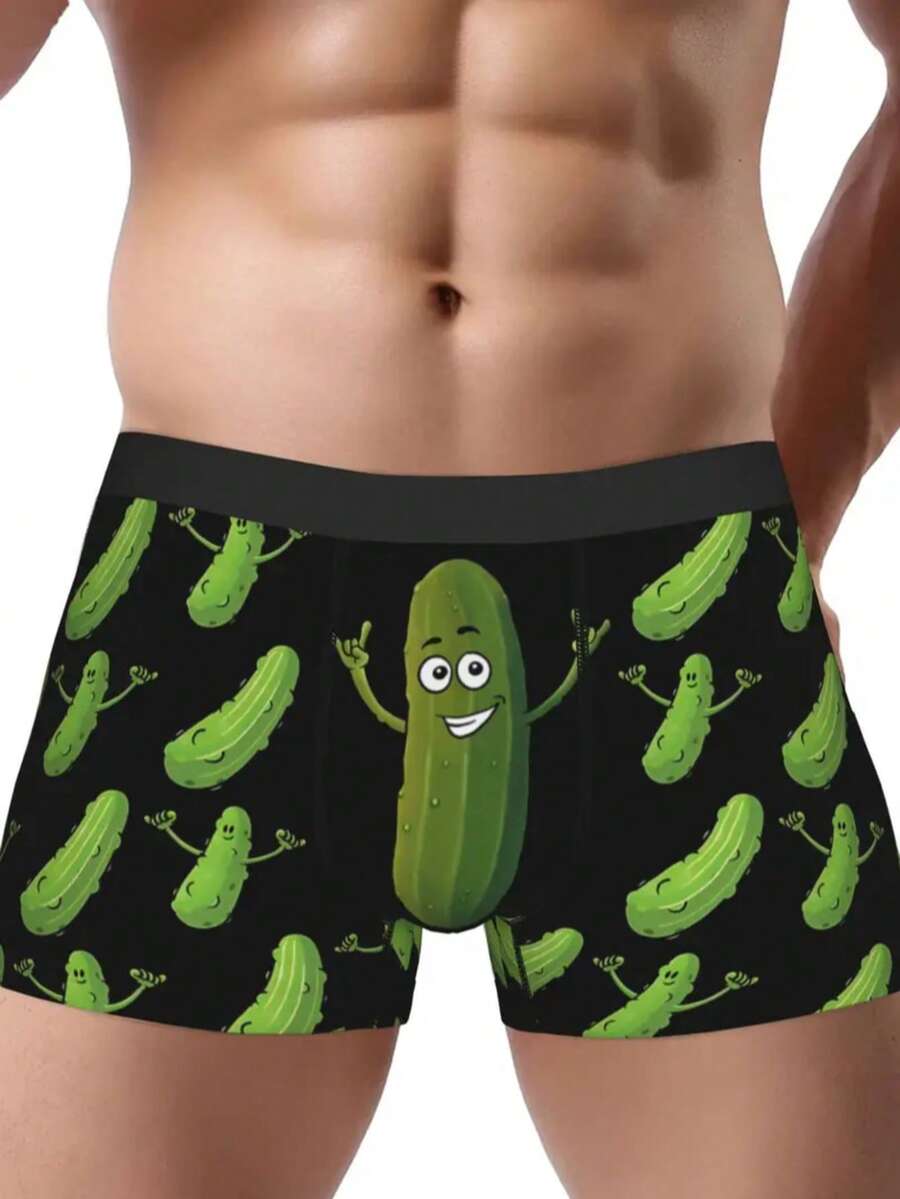 Green men's briefs featuring a novelty cucumber print with an elastic waistband and mid-rise cut.