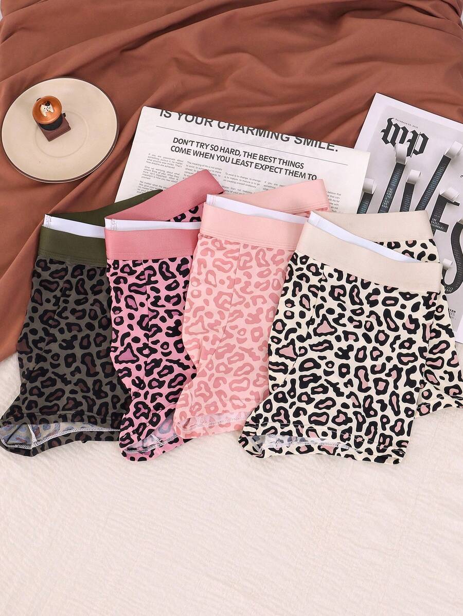 4-pack of men's multicolor leopard print boxer briefs with mid-rise elastic waistband