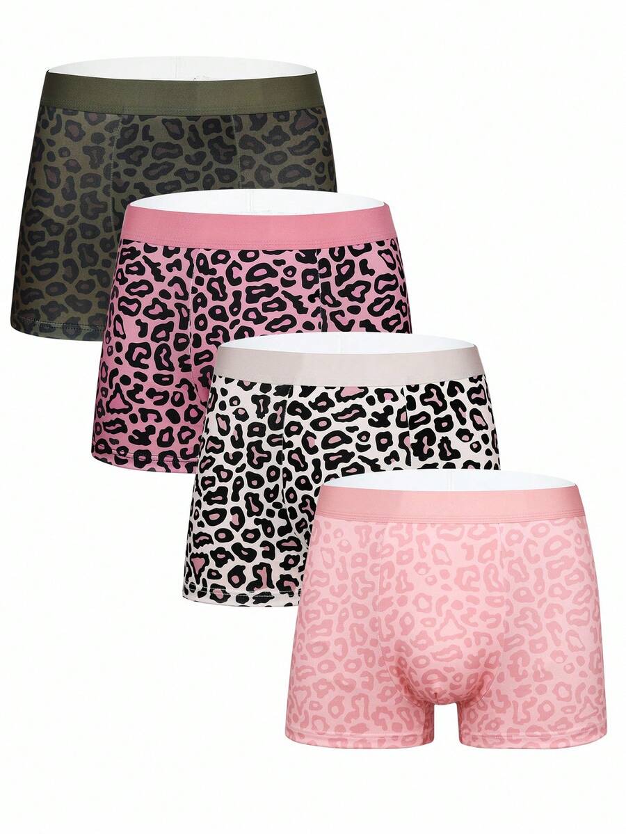 4-pack of men's multicolor leopard print boxer briefs with mid-rise elastic waistband