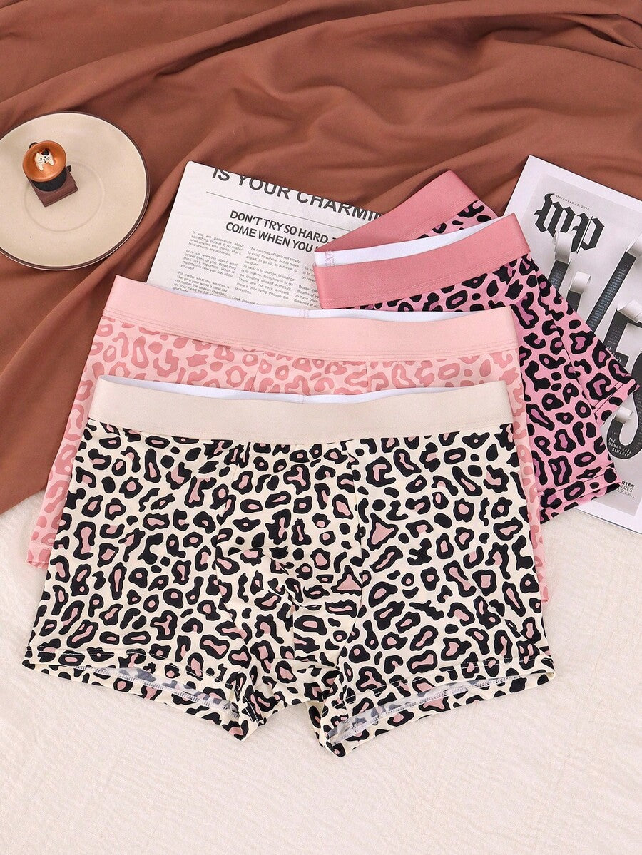4-pack of men's multicolor leopard print boxer briefs with mid-rise elastic waistband