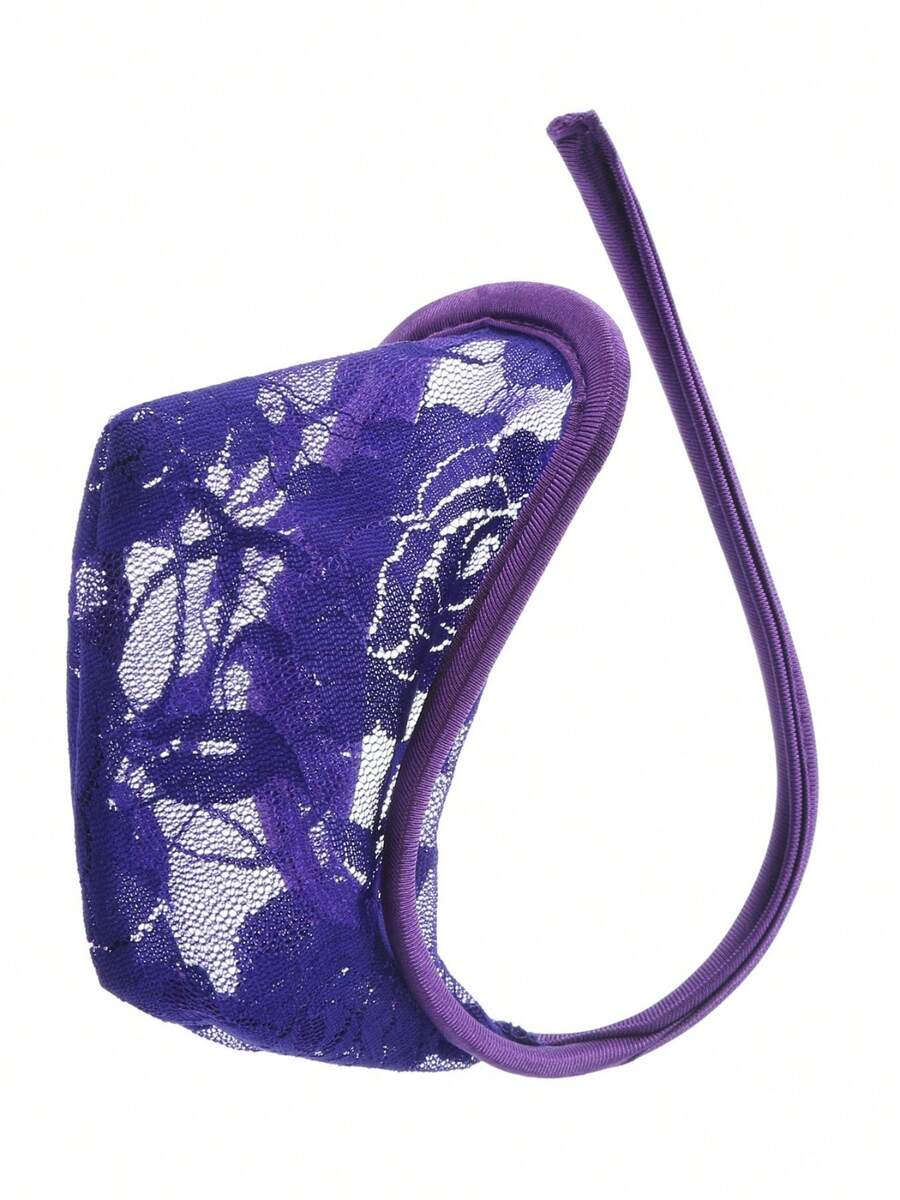 Men's low rise C-string thong briefs made from knitted fabric featuring contrast lace details.