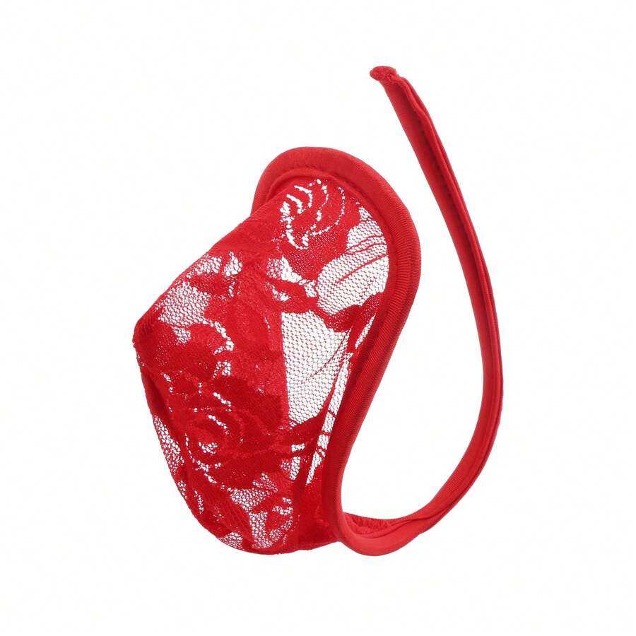 Men's low rise C-string thong briefs made from knitted fabric featuring contrast lace details.