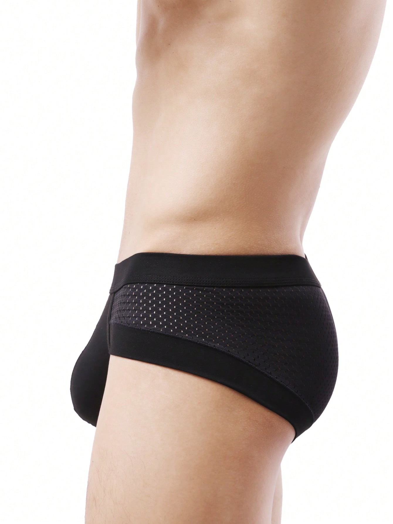 Men's low-rise mesh splice briefs with U-convex pouch, plain knitted underwear in viscose blend with medium stretch