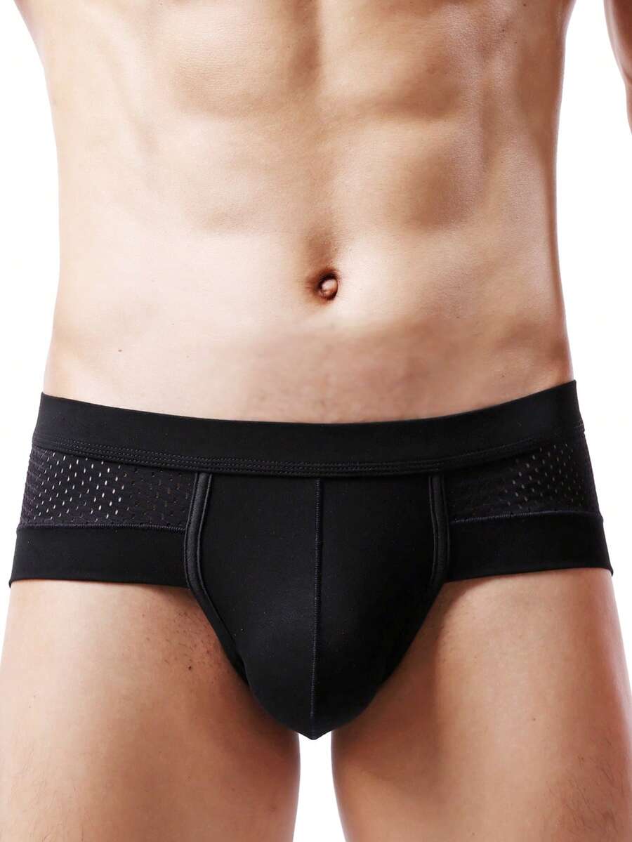 White plain men's U-convex thong underwear featuring low rise cut-out design in breathable stretch fabric.