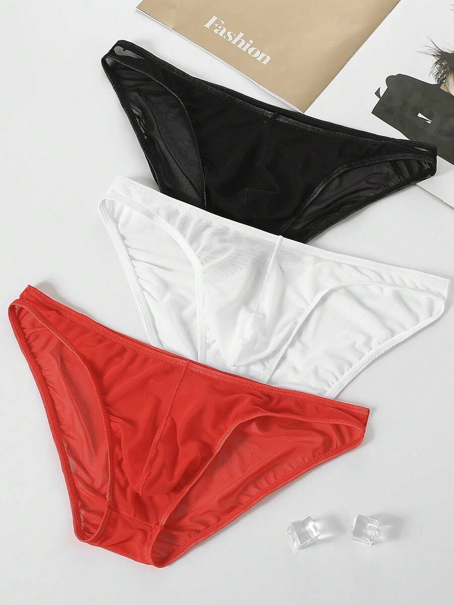 3-pack set of men's low-rise triangle briefs featuring breathable semi-sheer multicolor mesh fabric with medium stretch.