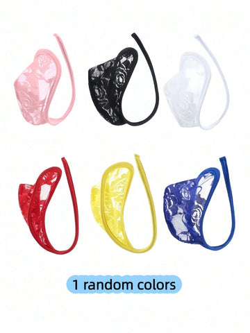 Men's low rise C-string thong briefs made from knitted fabric featuring contrast lace details.