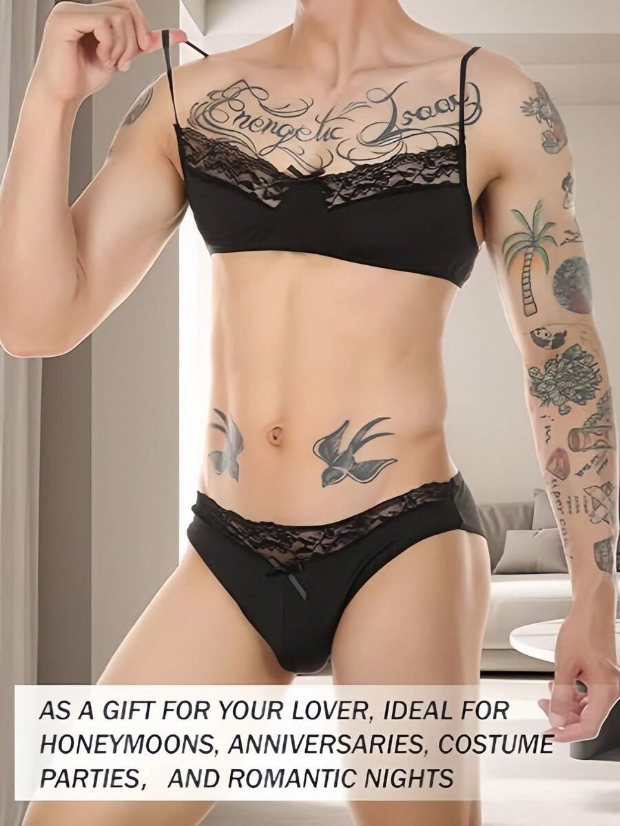 Low rise pink 2-piece briefs set with contrast lace details, backless design, deep V neck, and textured cartoon letter pattern.