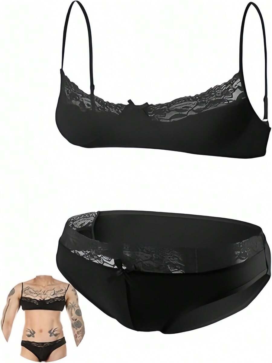 Low rise pink 2-piece briefs set with contrast lace details, backless design, deep V neck, and textured cartoon letter pattern.
