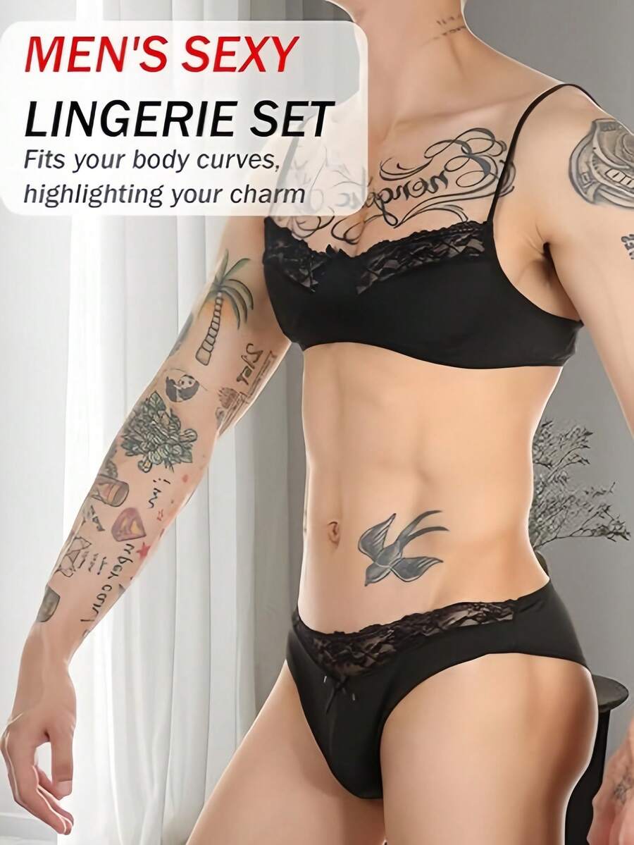 Low rise pink 2-piece briefs set with contrast lace details, backless design, deep V neck, and textured cartoon letter pattern.