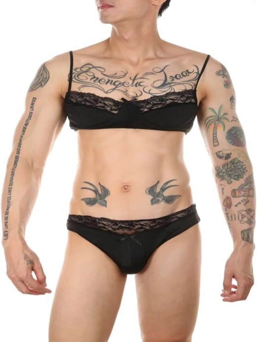Low rise pink 2-piece briefs set with contrast lace details, backless design, deep V neck, and textured cartoon letter pattern.