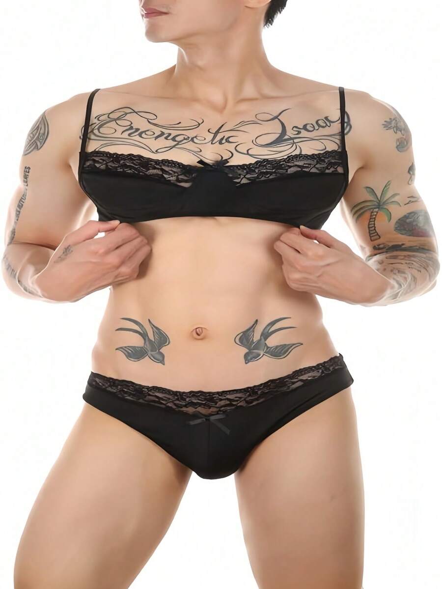 Low rise pink 2-piece briefs set with contrast lace details, backless design, deep V neck, and textured cartoon letter pattern.