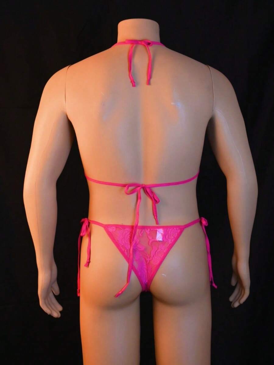 Men's 2-piece lace underwear set featuring semi-sheer contrast lace V-strings with low rise fit.