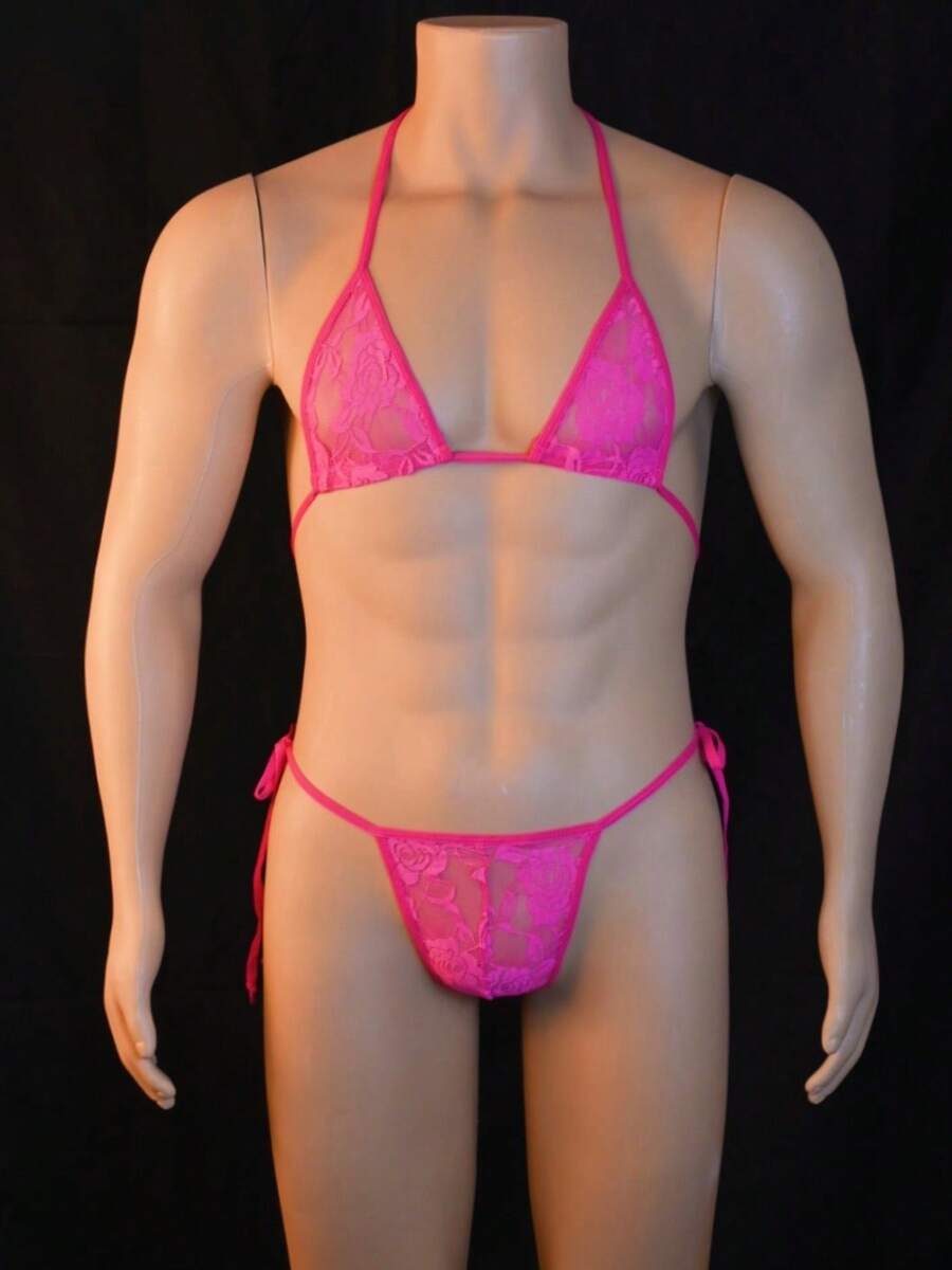 Men's 2-piece lace underwear set featuring semi-sheer contrast lace V-strings with low rise fit.
