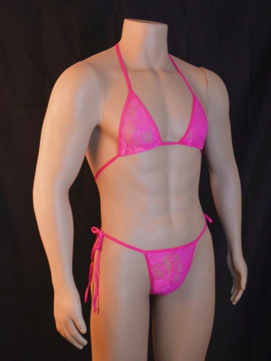 Men's 2-piece lace underwear set featuring semi-sheer contrast lace V-strings with low rise fit.