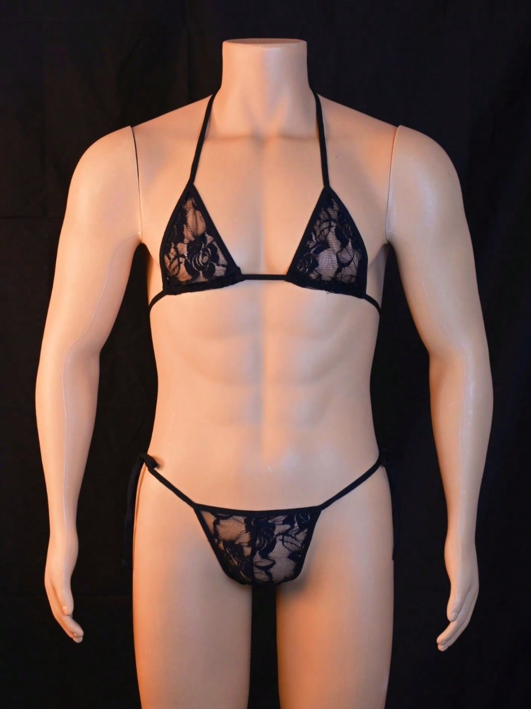 Men's 2-piece lace underwear set featuring semi-sheer contrast lace V-strings with low rise fit.