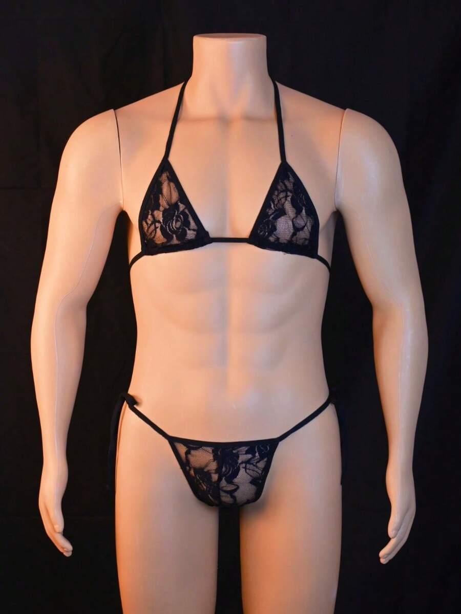 Men's 2-piece lace underwear set featuring semi-sheer contrast lace V-strings with low rise fit.