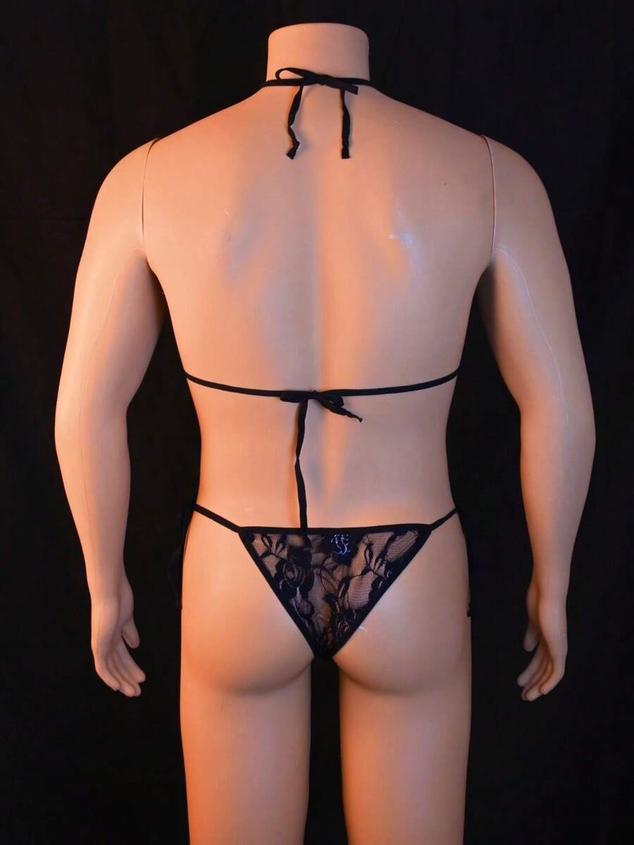 Men's 2-piece lace underwear set featuring semi-sheer contrast lace V-strings with low rise fit.