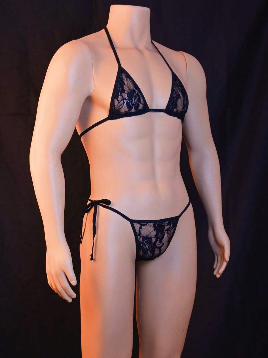 Men's 2-piece lace underwear set featuring semi-sheer contrast lace V-strings with low rise fit.