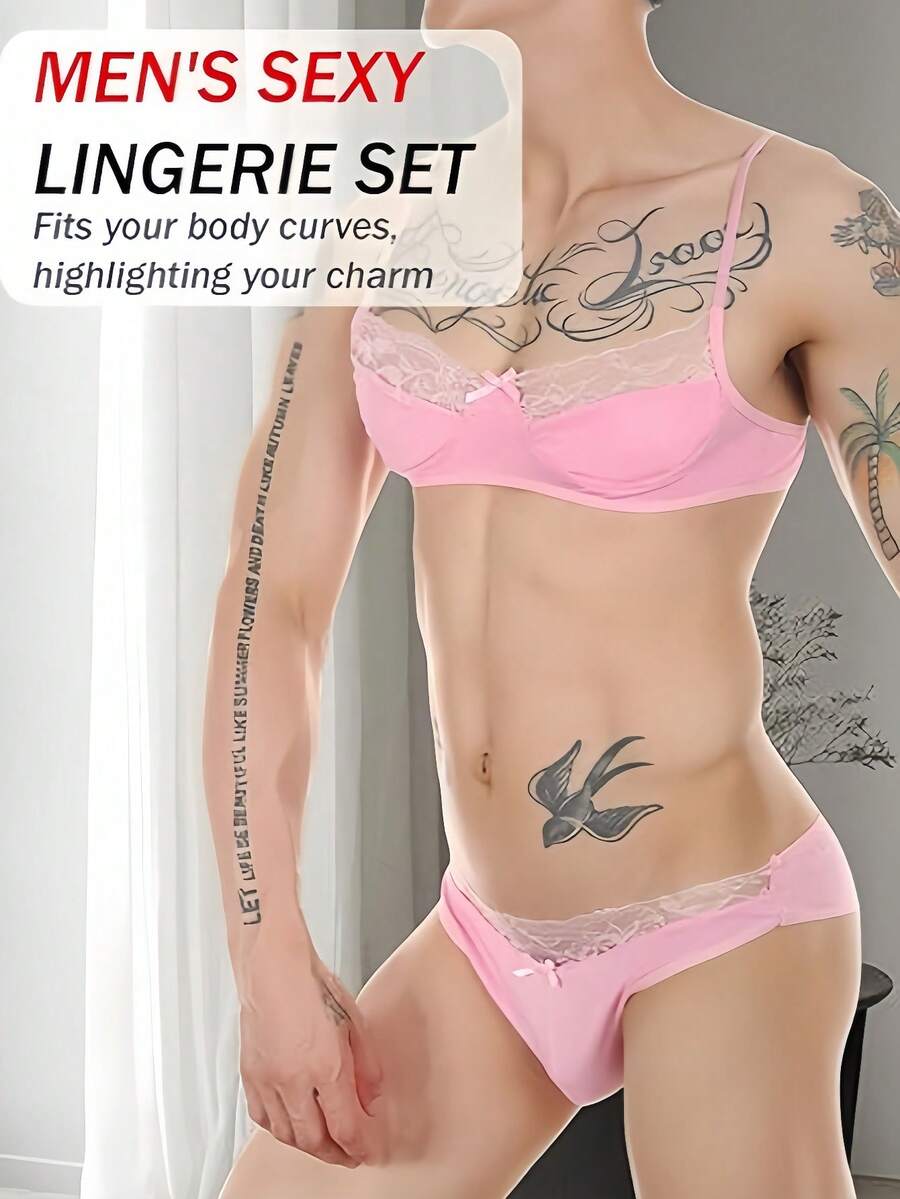 Low rise pink 2-piece briefs set with contrast lace details, backless design, deep V neck, and textured cartoon letter pattern.