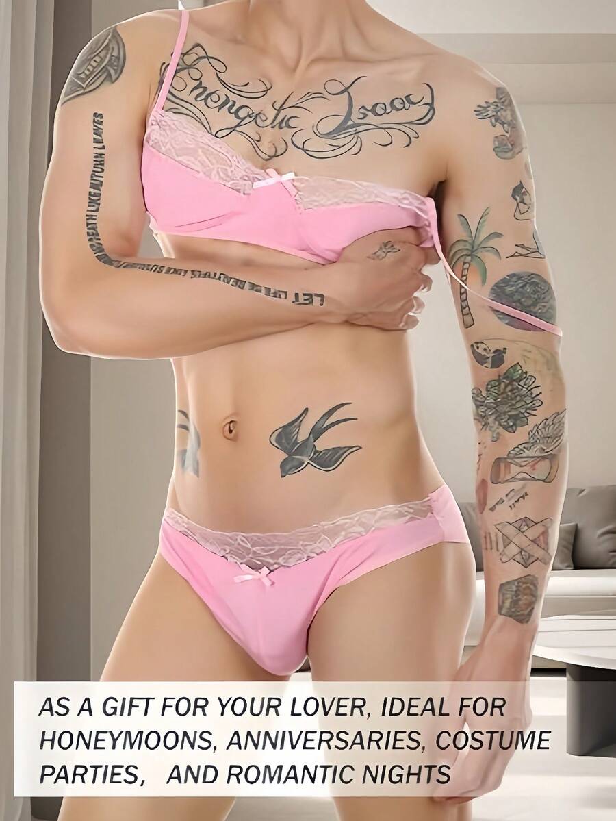 Low rise pink 2-piece briefs set with contrast lace details, backless design, deep V neck, and textured cartoon letter pattern.