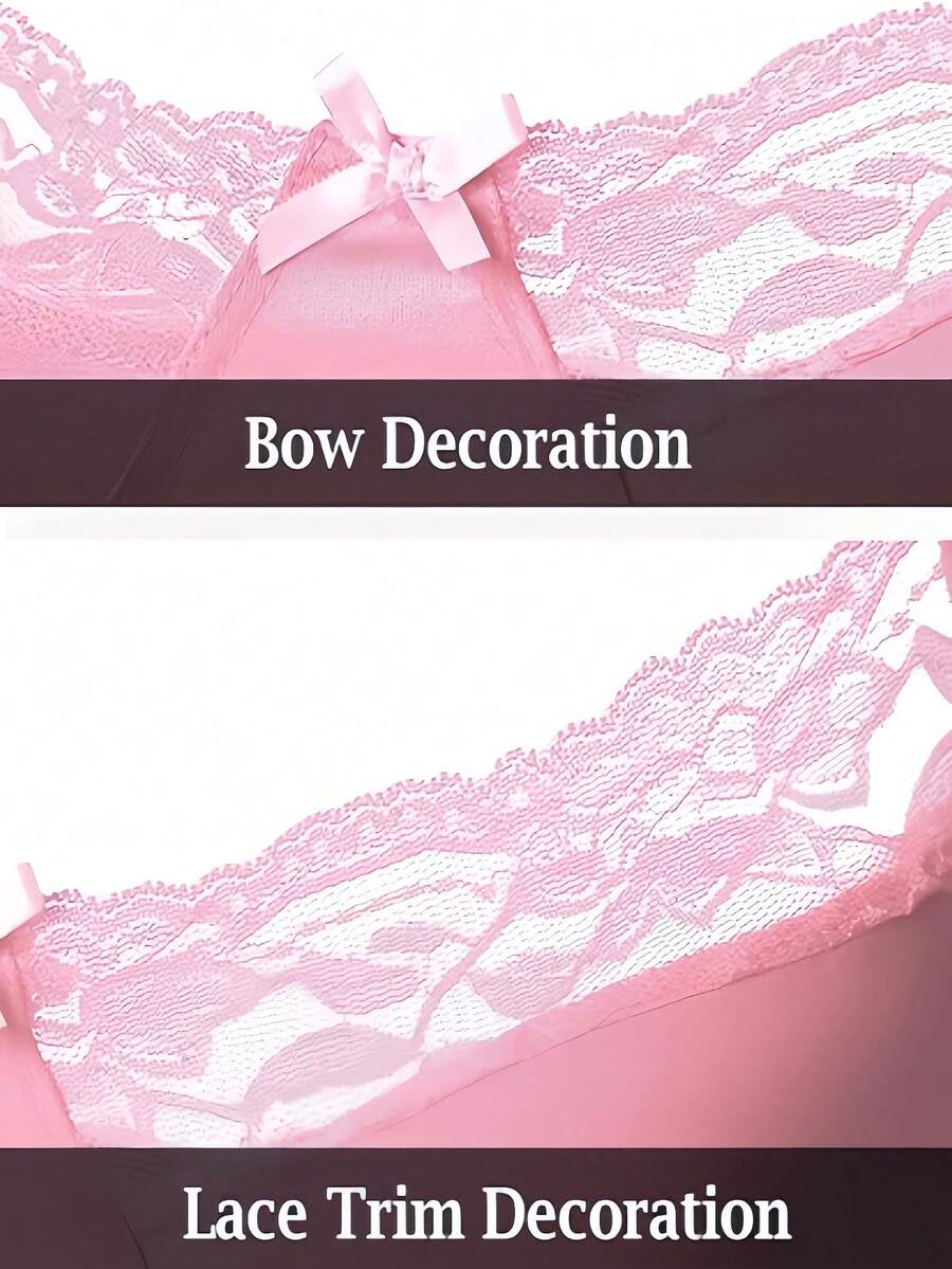 Low rise pink 2-piece briefs set with contrast lace details, backless design, deep V neck, and textured cartoon letter pattern.