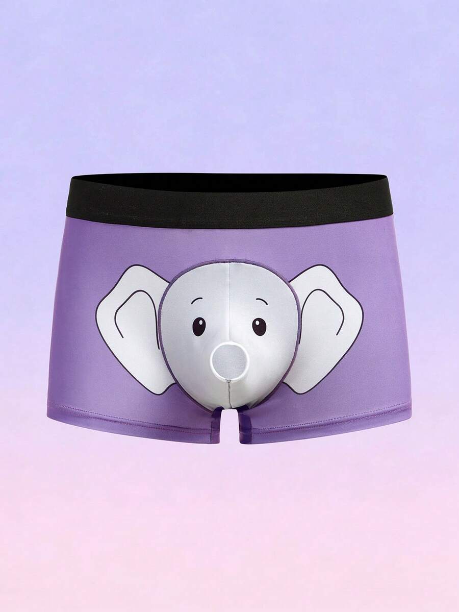 Men's black elephant print boxer briefs with contrast binding and elastic waist.