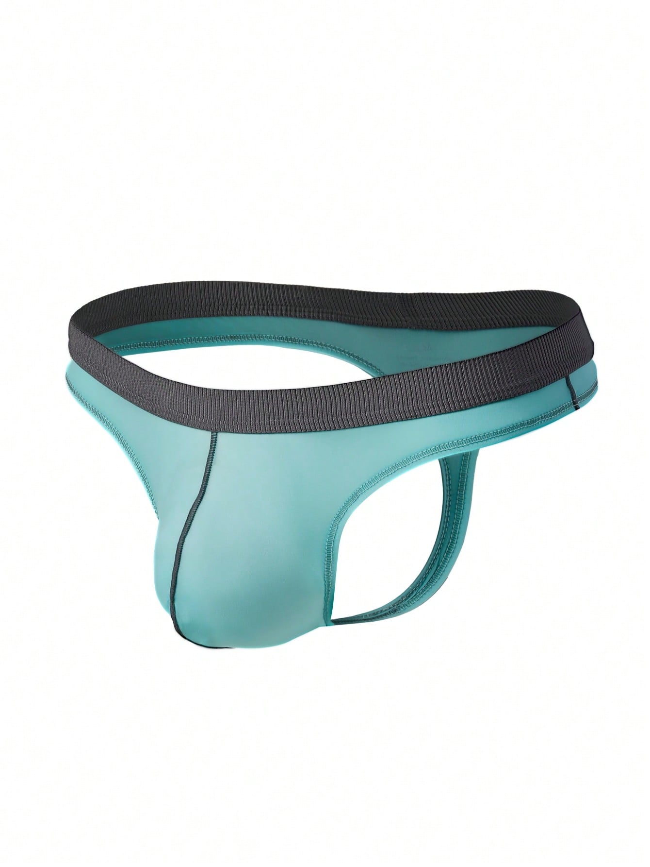 Blue men's thong underwear with contrast binding and a low-rise design in medium-stretch polyamide elastane fabric.