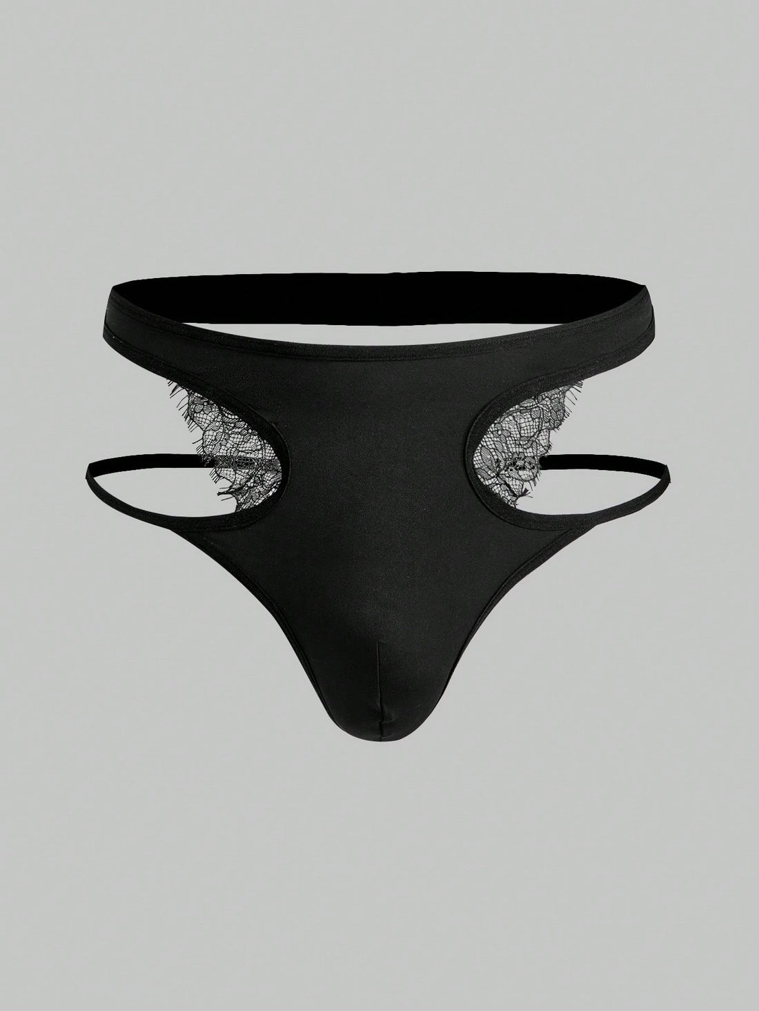 Men's black lace thong lingerie with a low-rise fit, medium-stretch fabric, and unlined design for party or Halloween wear.