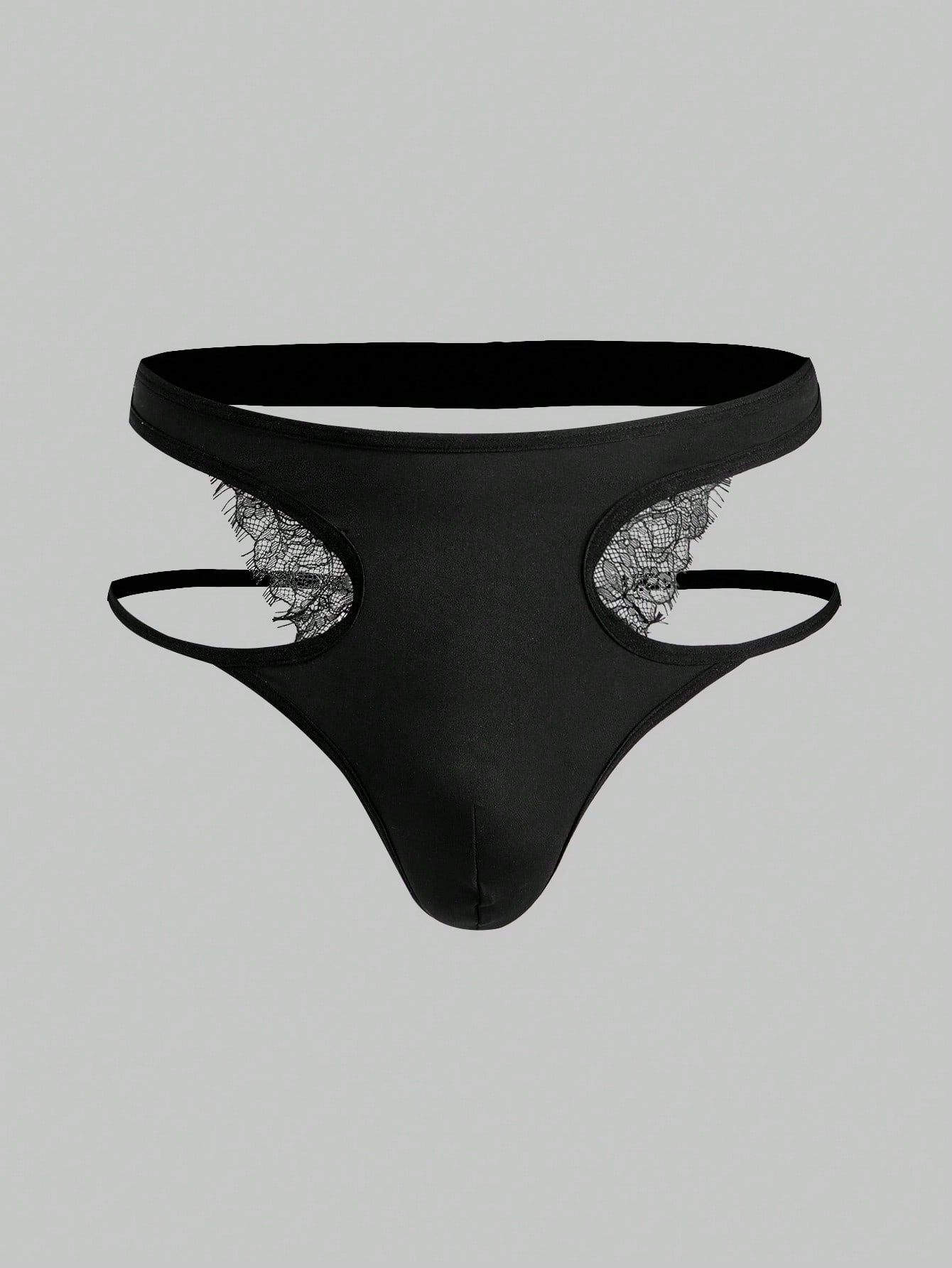 Men's black lace thong lingerie with a low-rise fit, medium-stretch fabric, and unlined design for party or Halloween wear.