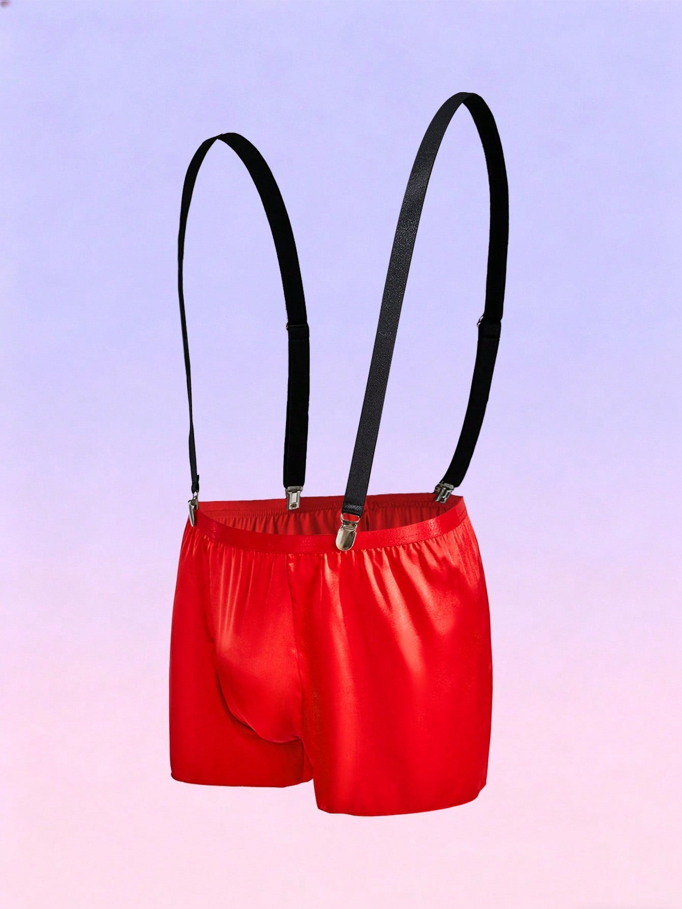 Men's satin role play costume with colorblock pattern, spaghetti straps, puff sleeves, short length, and regular fit in a 1-piece set.