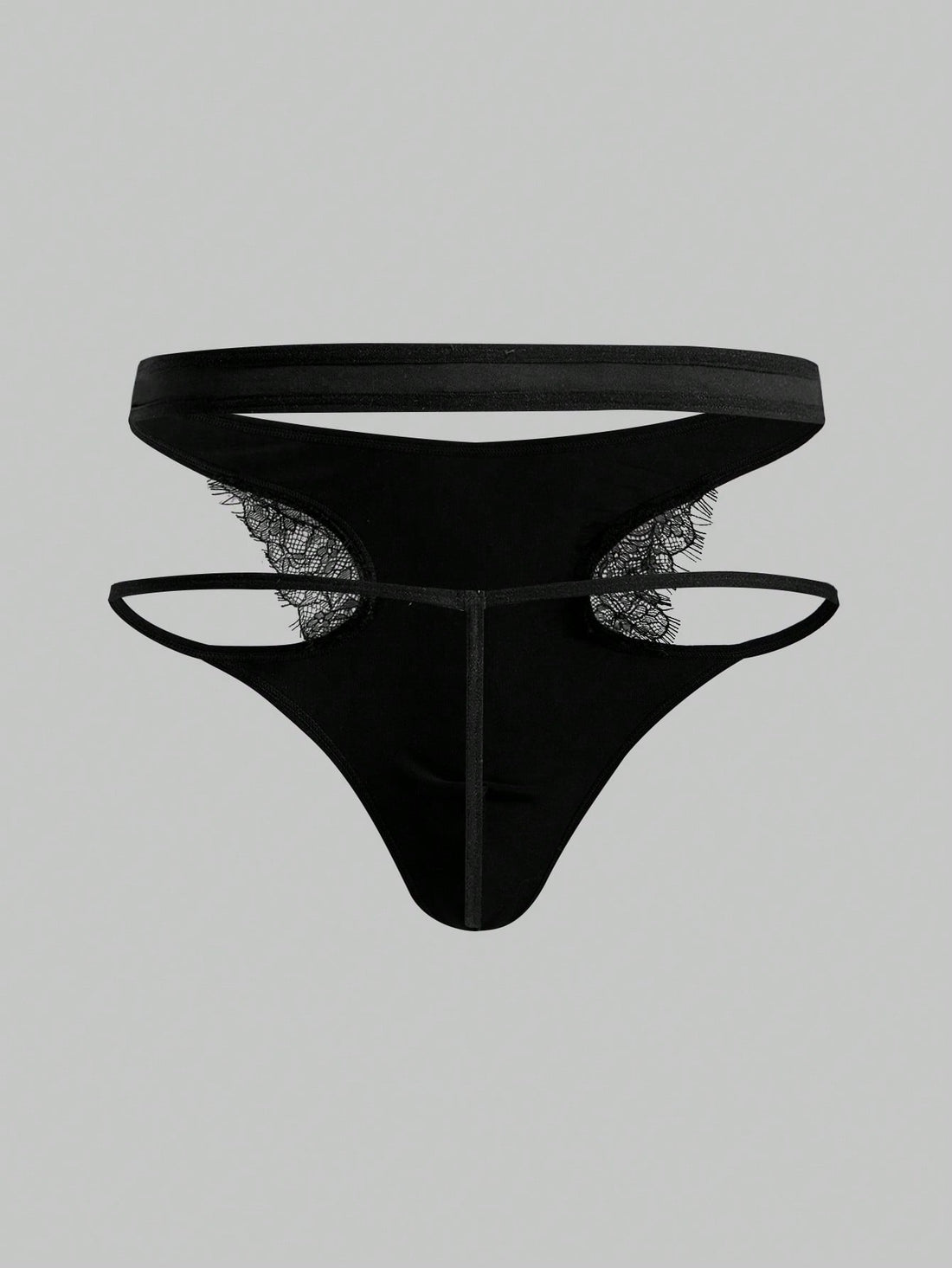 Men's black lace thong lingerie with a low-rise fit, medium-stretch fabric, and unlined design for party or Halloween wear.