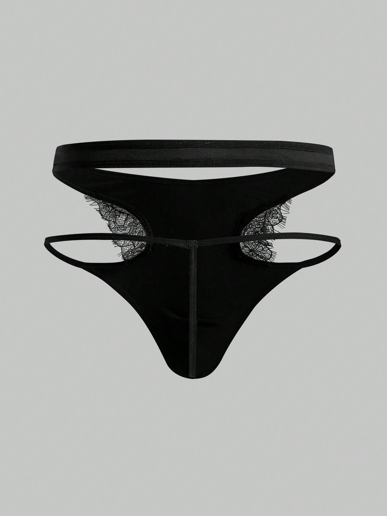 Men's black lace thong lingerie with a low-rise fit, medium-stretch fabric, and unlined design for party or Halloween wear.