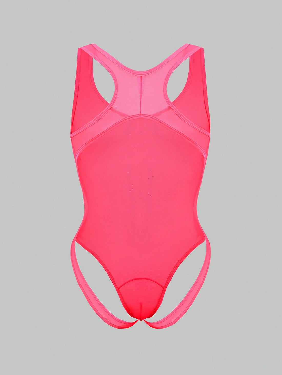 Men's mesh backless bodysuit lingerie with scoop neck, low rise fit, thong back, and suspender style for intimate occasions.