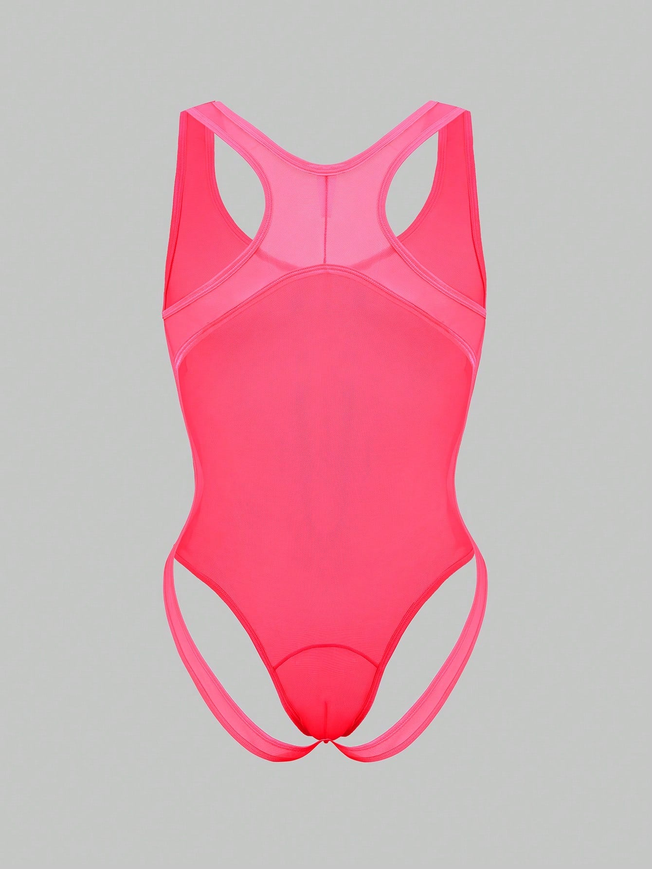 Men's mesh backless bodysuit lingerie with scoop neck, low rise fit, thong back, and suspender style for intimate occasions.