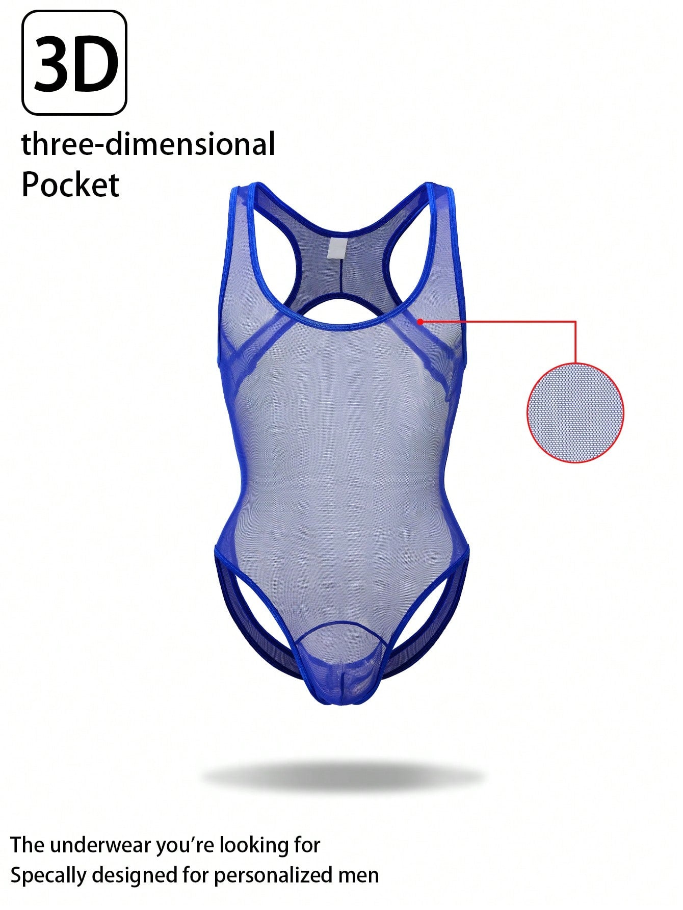 Men's mesh backless bodysuit lingerie with scoop neck, low rise fit, thong back, and suspender style for intimate occasions.