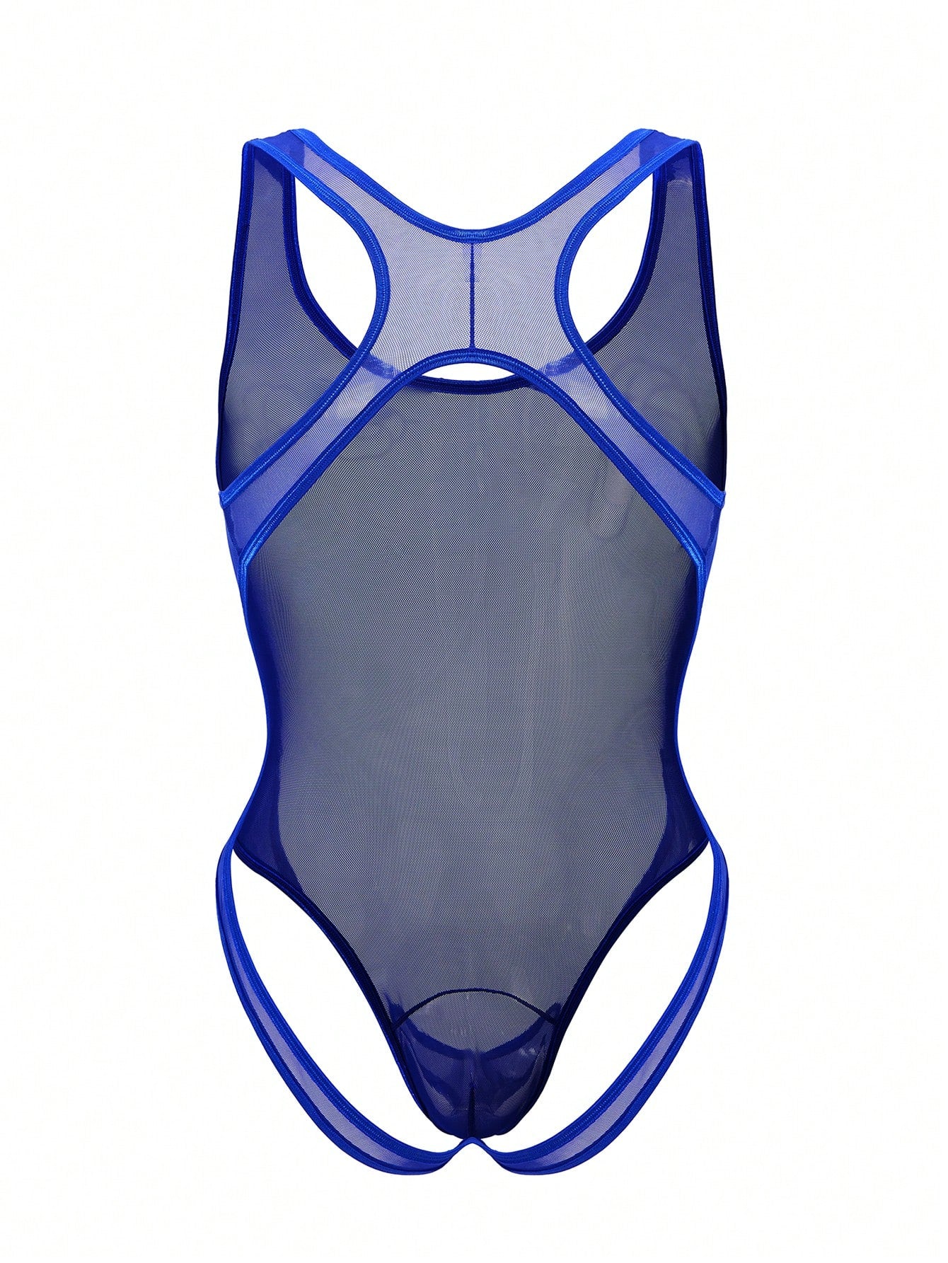Men's mesh backless bodysuit lingerie with scoop neck, low rise fit, thong back, and suspender style for intimate occasions.