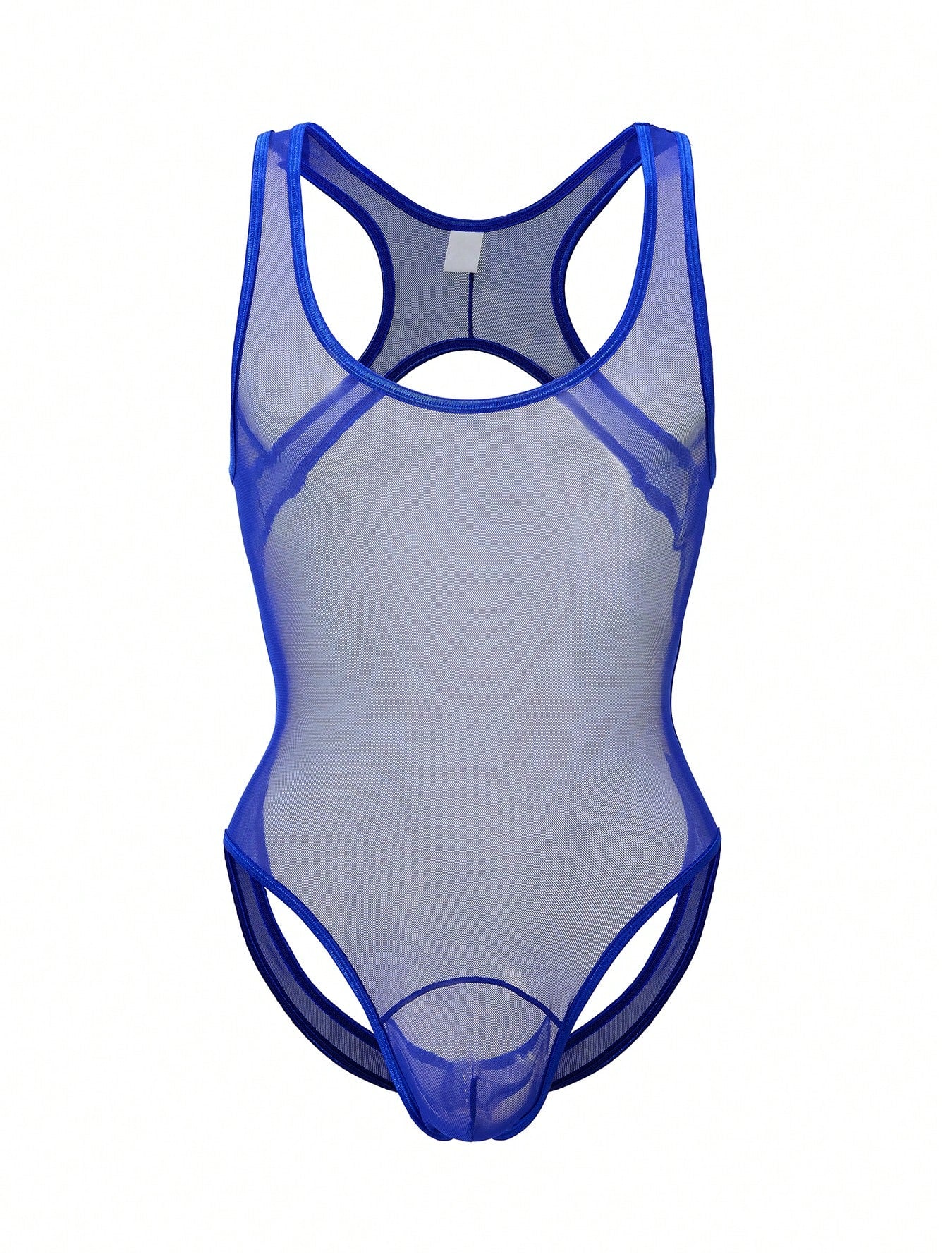 Men's mesh backless bodysuit lingerie with scoop neck, low rise fit, thong back, and suspender style for intimate occasions.