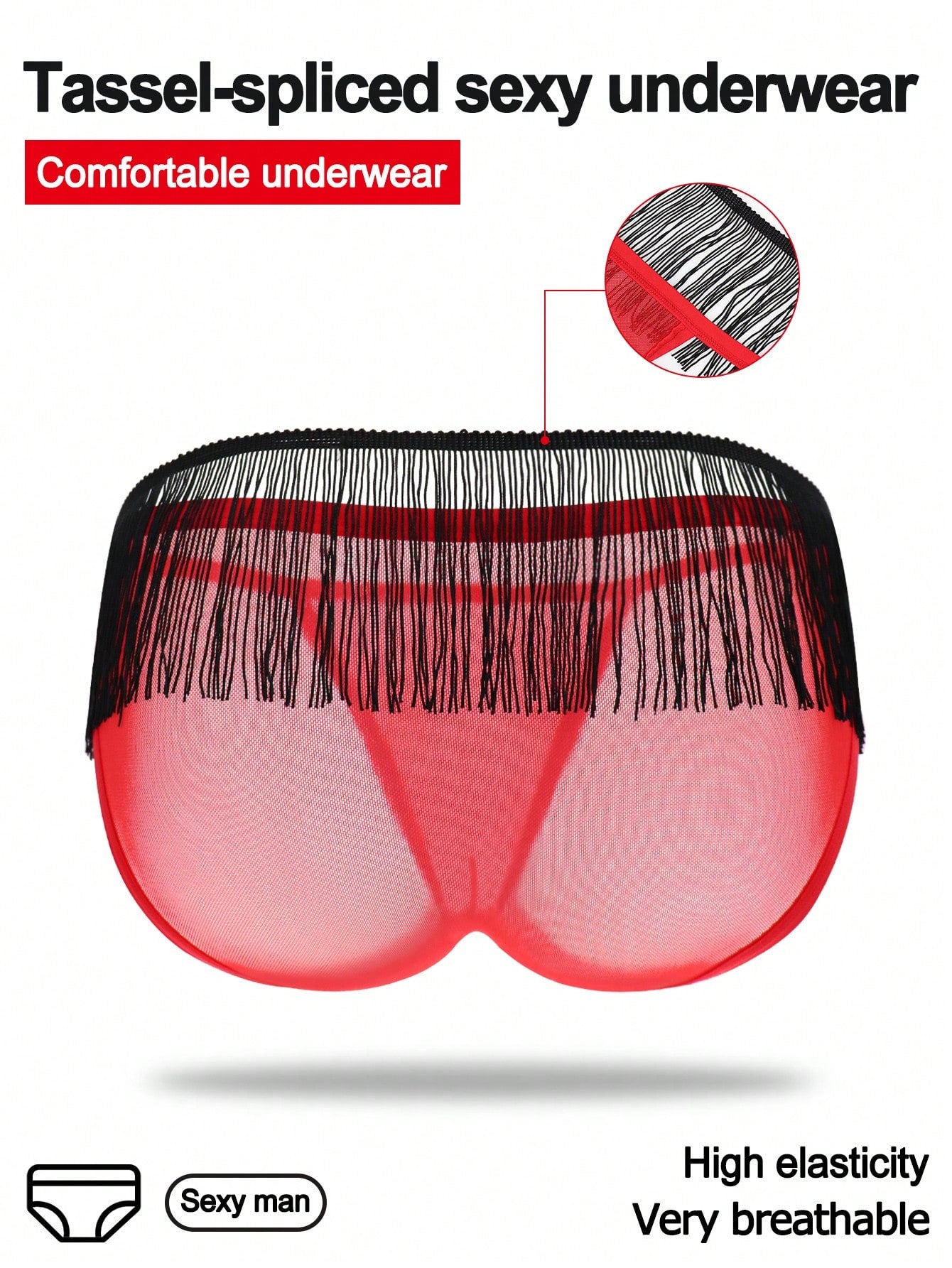 Red men's mesh briefs with tassel detail, mid rise fit, colorblock design, and medium stretch fabric.