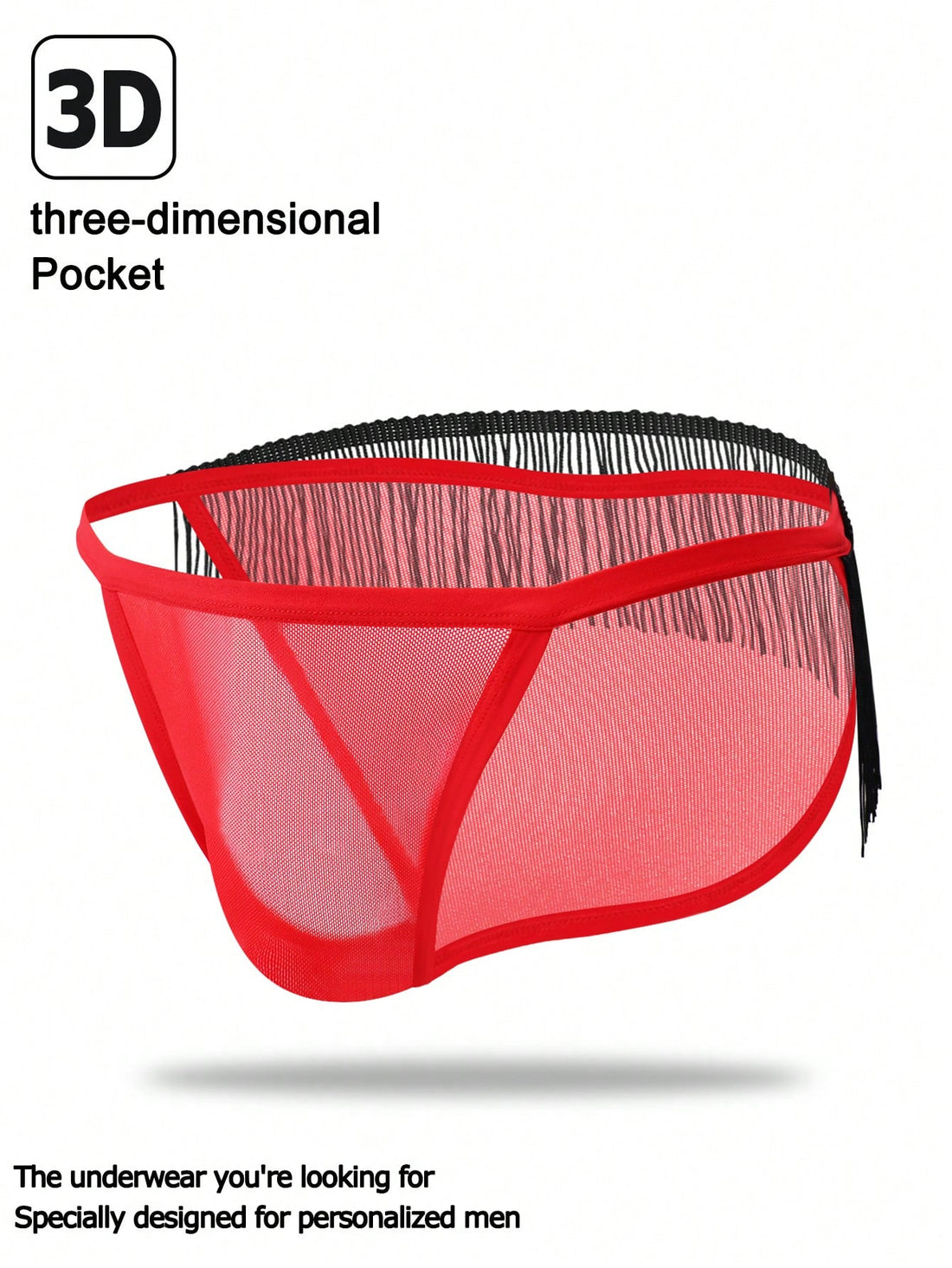 Red men's mesh briefs with tassel detail, mid rise fit, colorblock design, and medium stretch fabric.