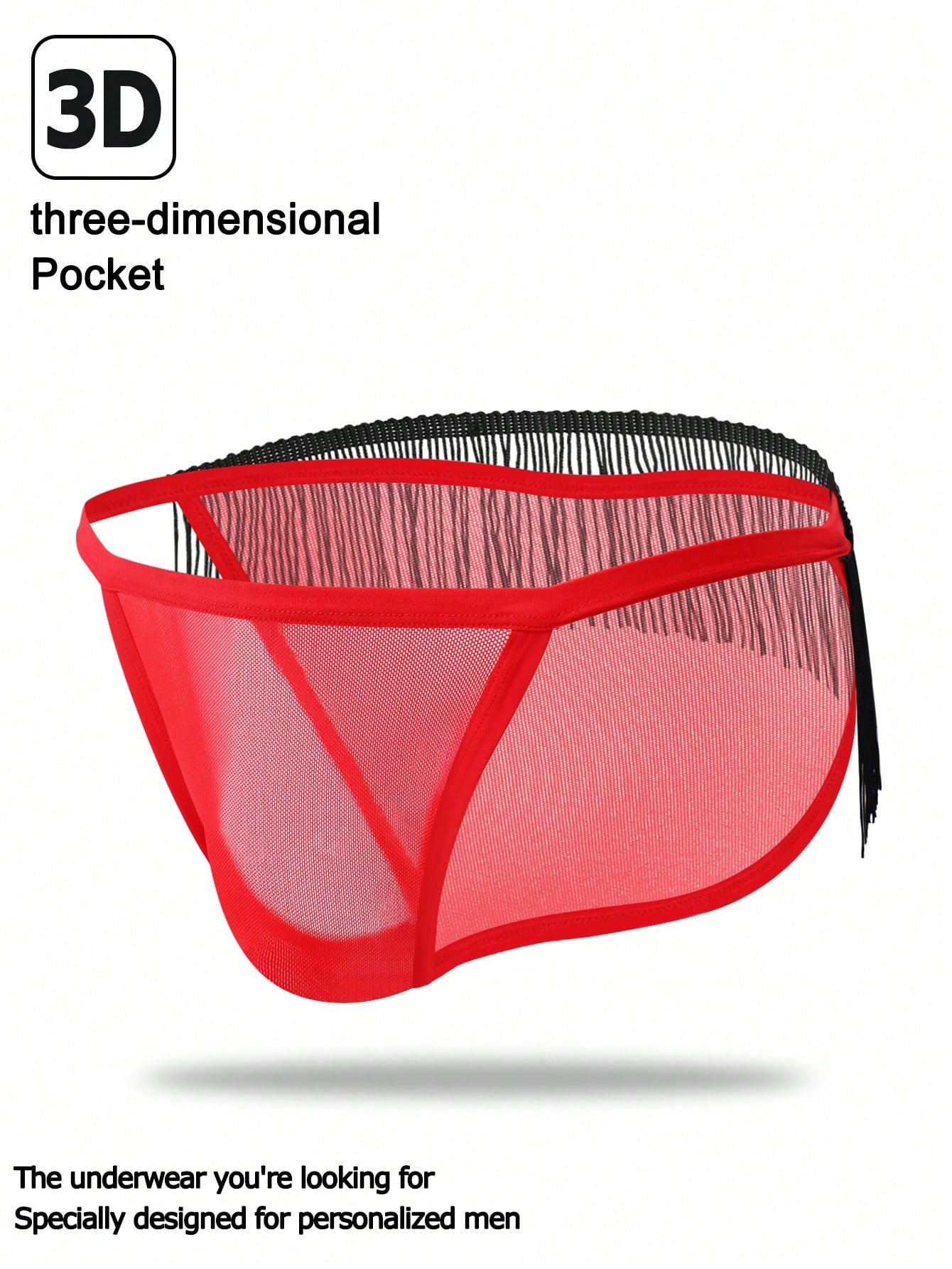 Red men's mesh briefs with tassel detail, mid rise fit, colorblock design, and medium stretch fabric.