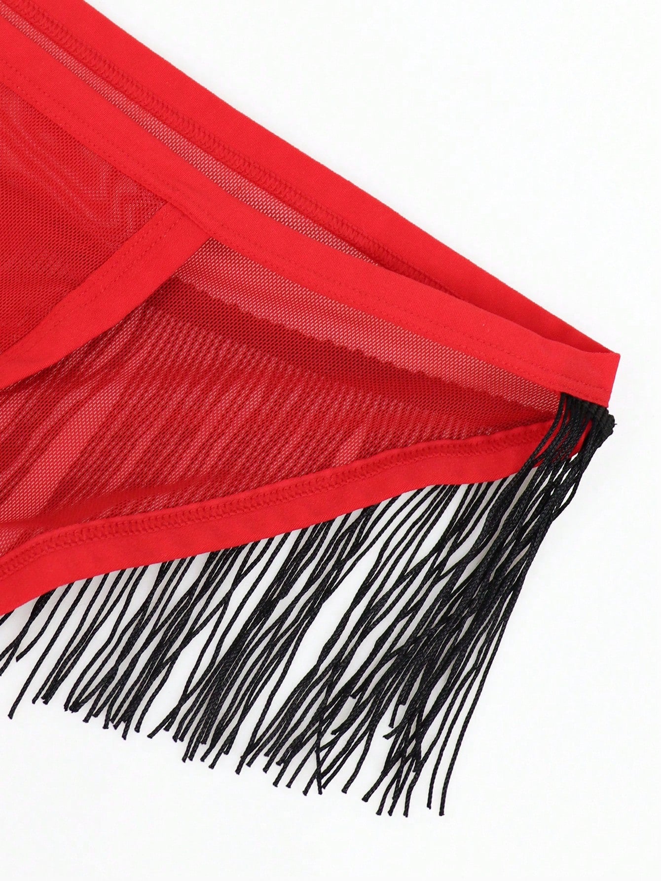 Red men's mesh briefs with tassel detail, mid rise fit, colorblock design, and medium stretch fabric.