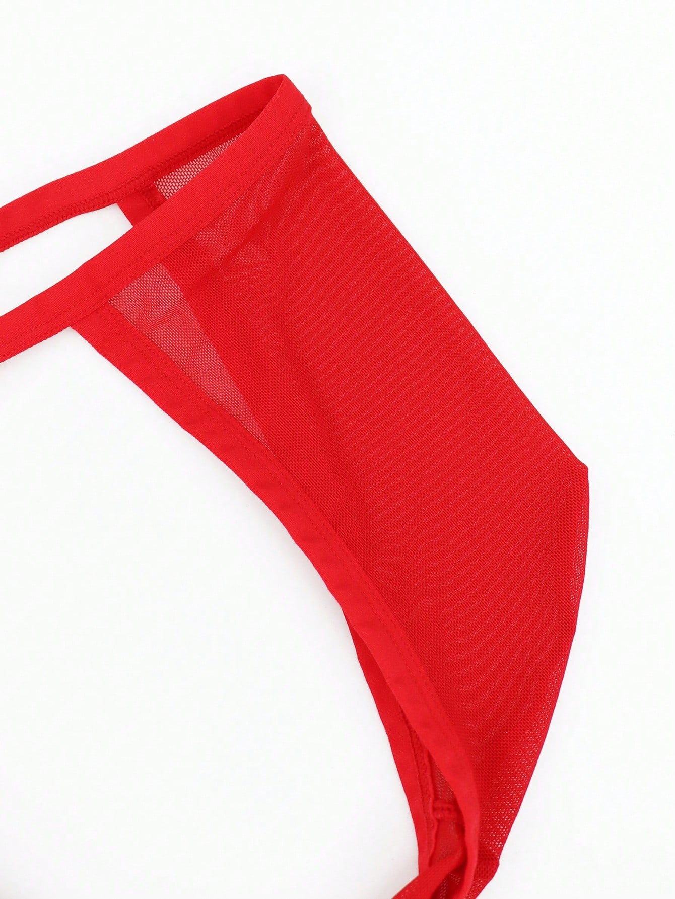 Red men's mesh briefs with tassel detail, mid rise fit, colorblock design, and medium stretch fabric.